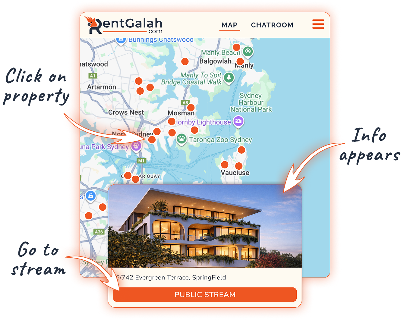 Map with property marker and location pin